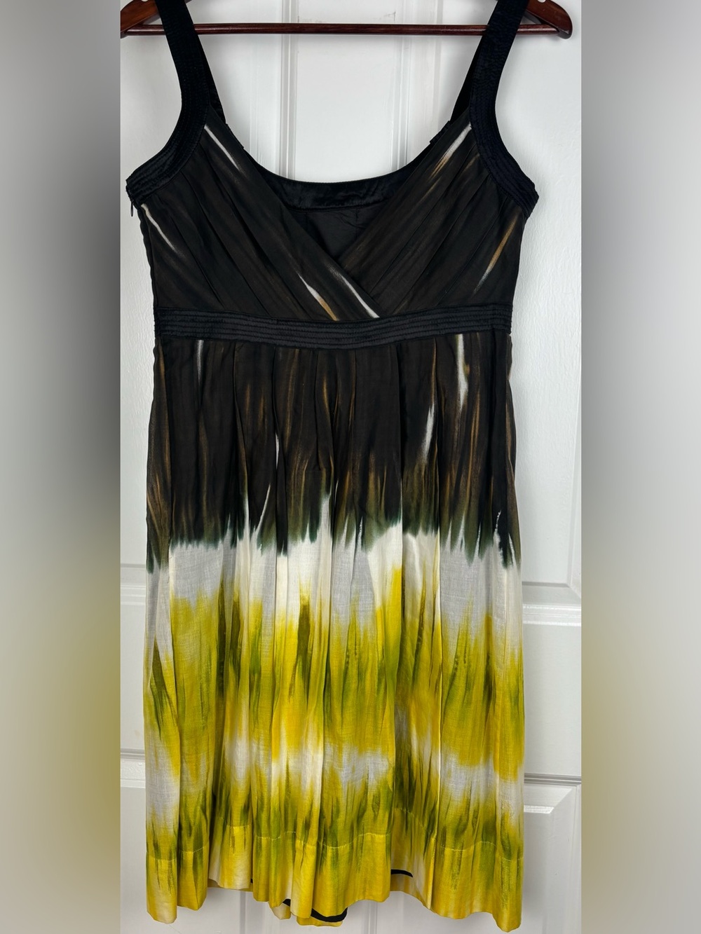 Calvin Klein Silk Trim Fit & Flare Dress Size 4/6 Black Yellow Lined Side Zip
